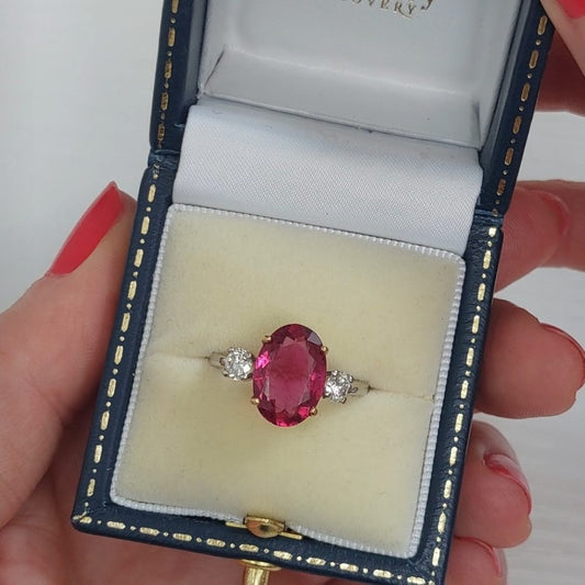 3cts Rubelite and Diamond Three Stone Ring