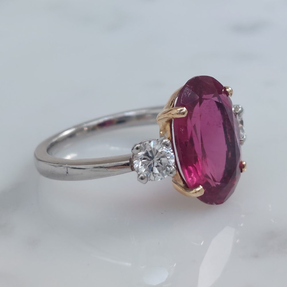 3cts Rubelite and Diamond Three Stone Ring