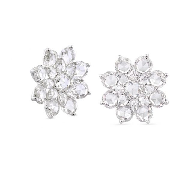 Rose Cut Diamond Flower Cluster Stud Earrings, 5.42ct total, 18ct Gold