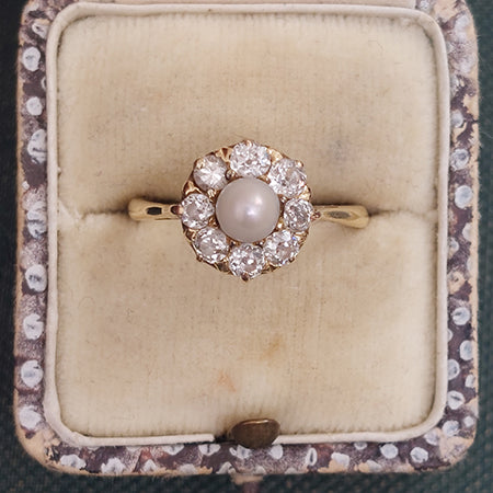 Vintage Natural Pearl and Diamond Cluster Ring