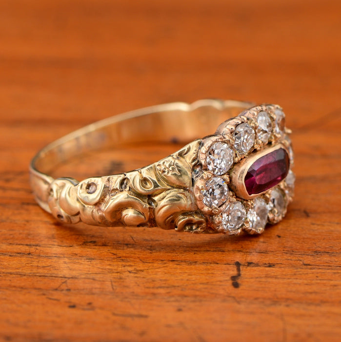 Antique Regency Natural No Heat Ruby and Old Mine Cut Diamond Cluster Memorial Ring in 18ct Yellow Gold Scroll Embossed Work