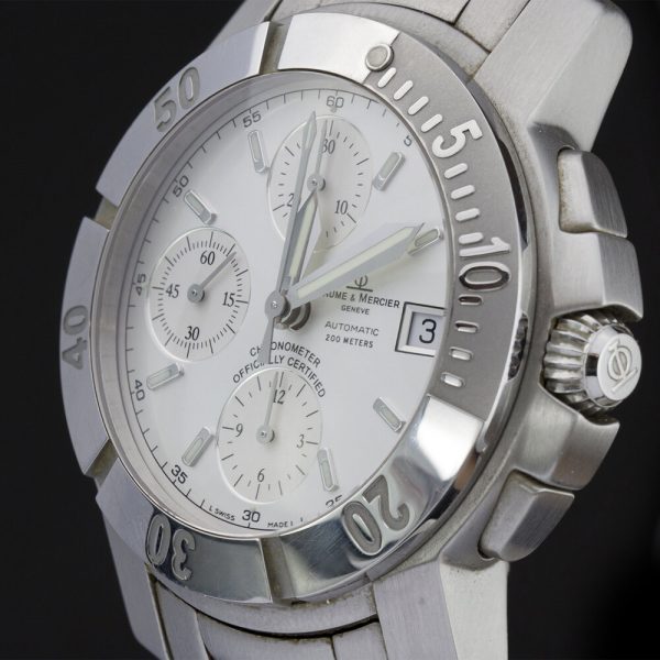 Baume and Mercier Capeland 44mm Stainless Steel Automatic Chronograph Watch, white dial, fluorescent hands and baton hour markers, stainless steel bracelet strap