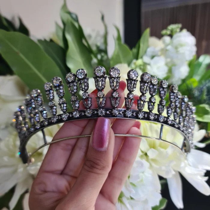 Edwardian Antique Old Cut Diamond Tiara come Fringe Necklace, 35.44 carat total