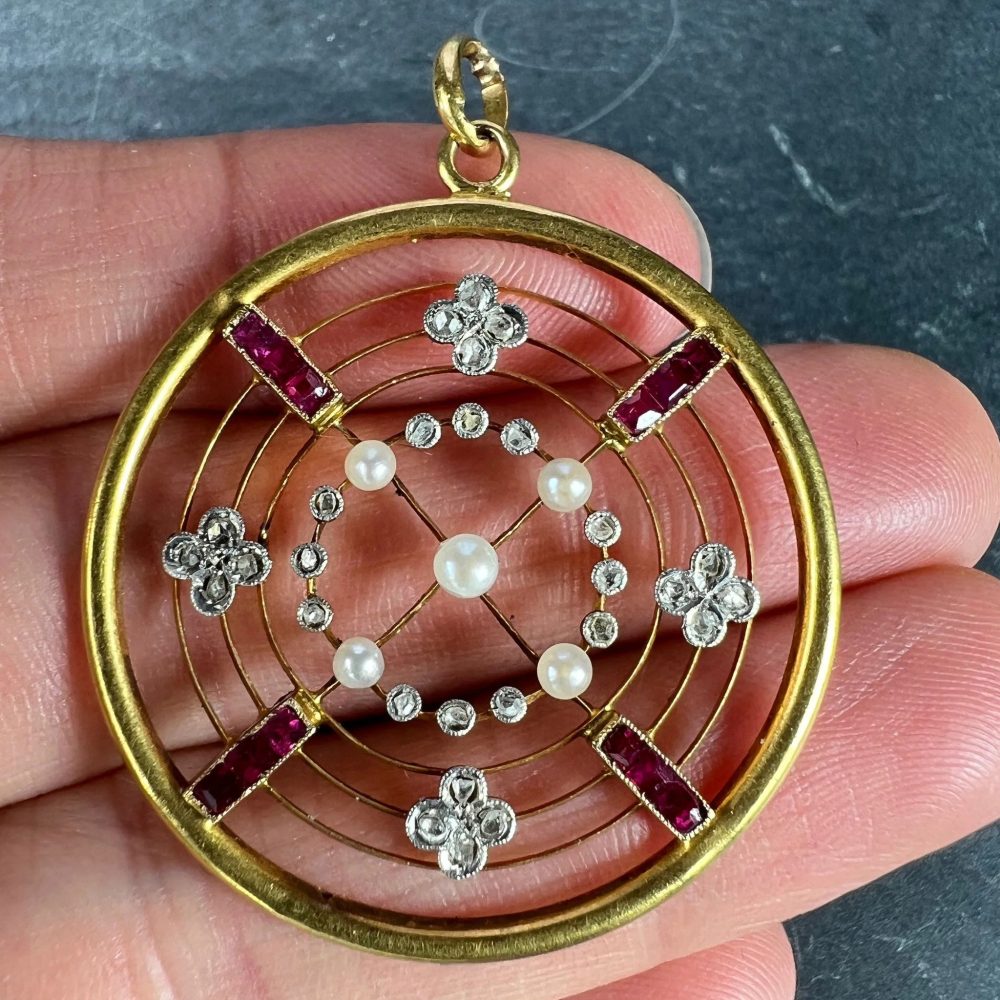 Edwardian Antique Natural Pearl Ruby Diamond Target Pendant
