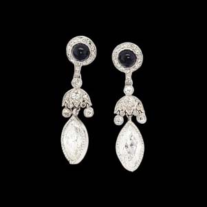 Art Deco Cabochon Sapphire and Marquise Diamond Earrings