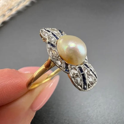 Edwardian Antique Natural Pearl Sapphire and Diamond Plaque Cocktail Ring