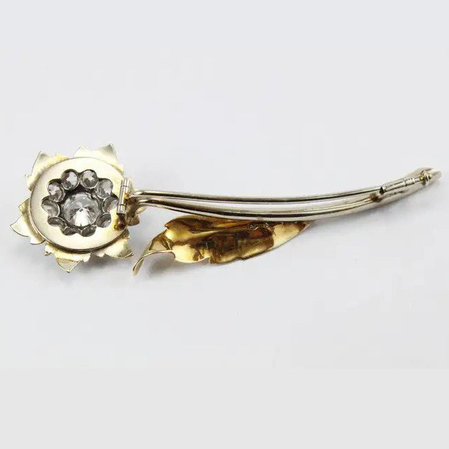 Vintage 2ct Old Cut Diamond Set Gold Flower Brooch