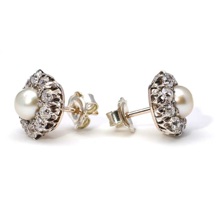 Antique Pearl and Old Cut Diamond Cluster Earrings