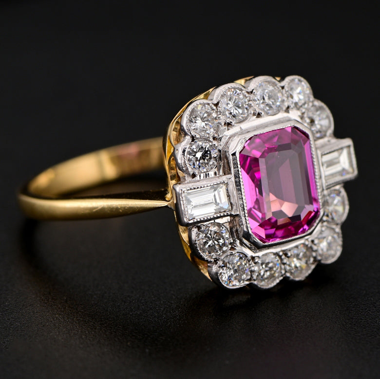 Art Deco Certified 1.40ct Natural No Heat Madagascan Pink Sapphire and Diamond Cluster Engagement Ring