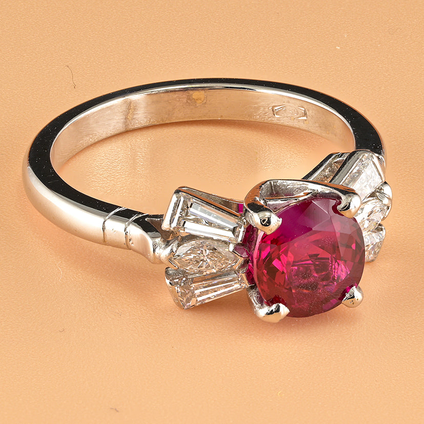 Vintage Certified 1.62ct Natural Burma Ruby and Diamond Bow Cluster Engagement Ring