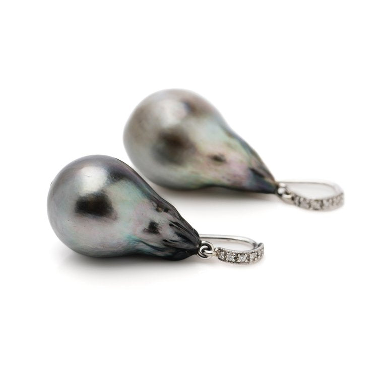 Vintage Tahitian Pearl Drop Earrings with Diamonds