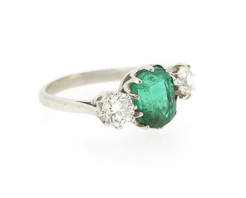 Emerald and Old Cut Diamond Trilogy Ring, 4.30 carat total, Platinum