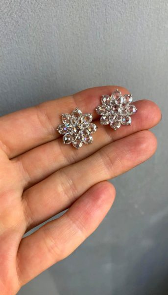 Rose Cut Diamond Flower Cluster Stud Earrings, 5.42ct total, 18ct Gold