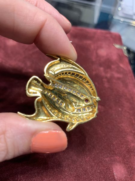 Vintage Tiffany and Co 18ct Yellow Gold Tropical Fish Brooch with Diamonds and Ruby, Circa 1991