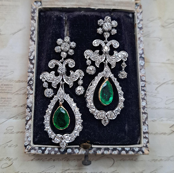Antique 1.50ct Pear Cut Emerald and 3ct Old Cut Diamond Cluster Drop Chandelier Earrings