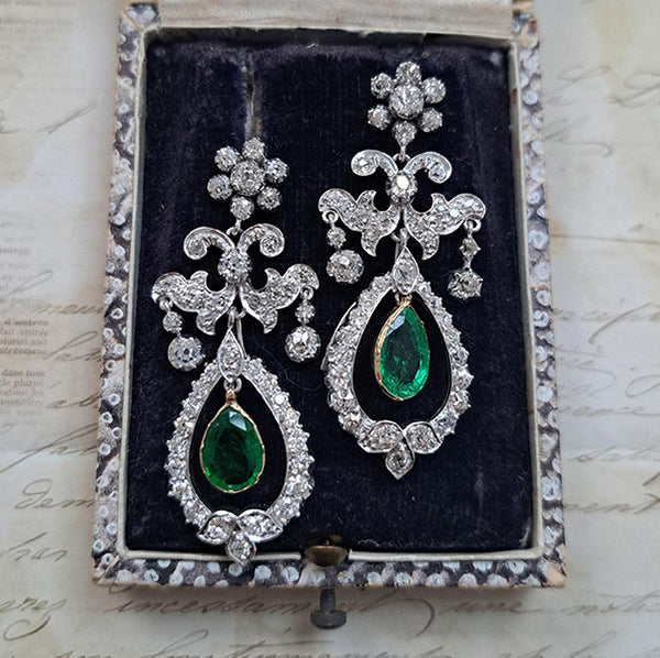 Antique 1.50ct Pear Cut Emerald and 3ct Old Cut Diamond Cluster Drop Chandelier Earrings