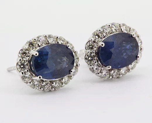 5.35ct Sapphire and Diamond Oval Cluster Stud Earrings, in 18ct white gold
