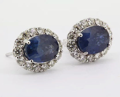 5.35ct Sapphire and Diamond Oval Cluster Stud Earrings, in 18ct white gold