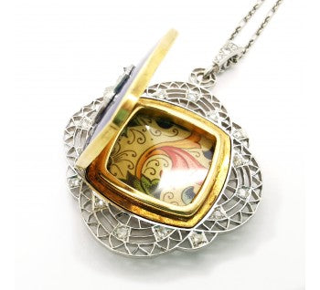 Art Deco Guilloche Enamel Diamond Platinum and Gold Locket Pendant