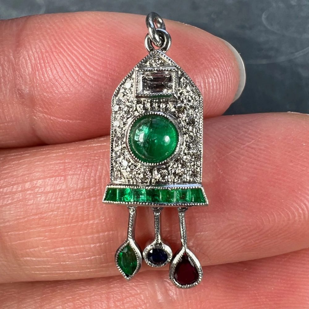 Art Deco Emerald and Diamond Pendant with Ruby Sapphire