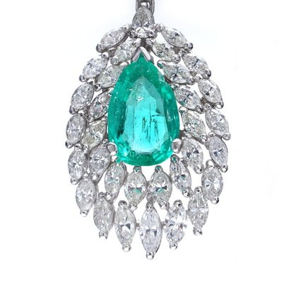 4.60ct Pear Cut Colombian Emerald and Marquise Diamond Cluster Drop Earrings