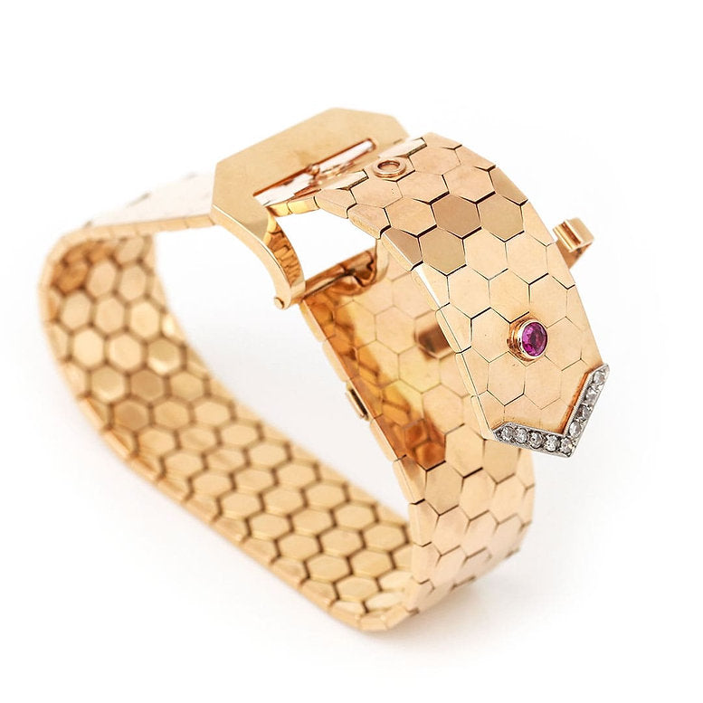 Vintage 18ct Gold Buckle Bracelet with Pink Sapphire and Diamonds