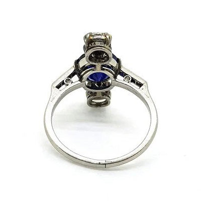 Natural Sapphire and Old Cut Diamond Trilogy Ring in Platinum