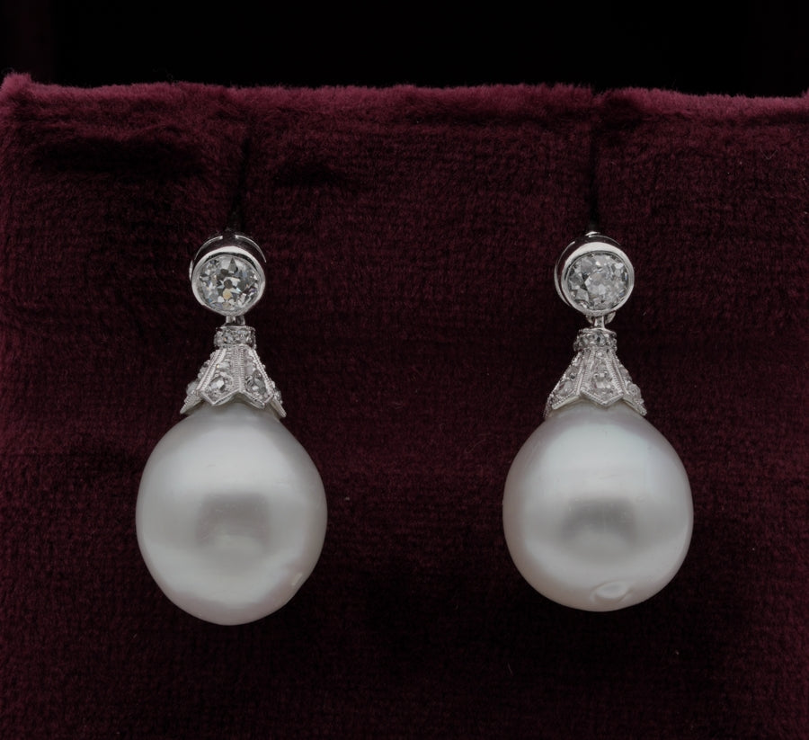 Art Deco South Sea Pearl and Diamond Drop Earrings