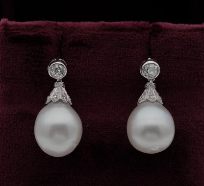 Art Deco South Sea Pearl and Diamond Drop Earrings