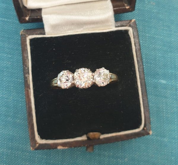 Antique Victorian Old Cut Diamond Three Stone Ring, 1.60 carat total, in 18ct yellow gold. English, 19th century, Circa 1880