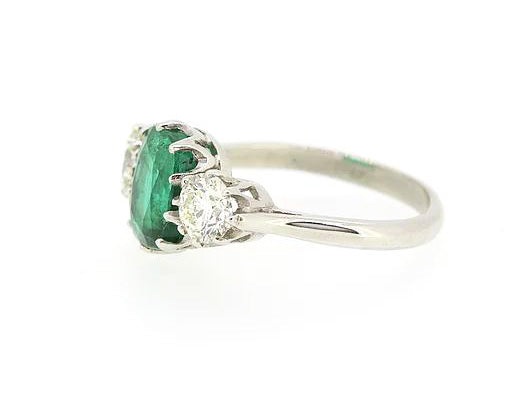 Emerald and Old Cut Diamond Trilogy Ring, 4.30 carat total, Platinum