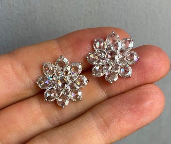 Rose Cut Diamond Flower Cluster Stud Earrings, 5.42ct total, 18ct Gold