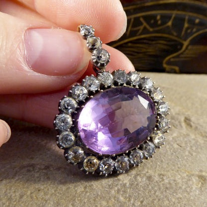 Antique Early Victorian Amethyst and White Paste Oval Pendant