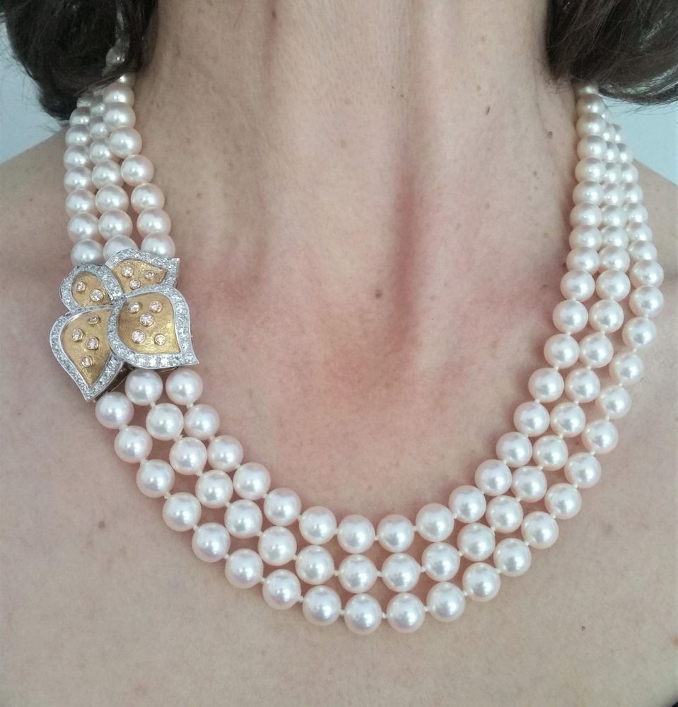 Bucherer Triple Row Akoya Pearl Necklace, 18ct Gold and Diamond Clasp