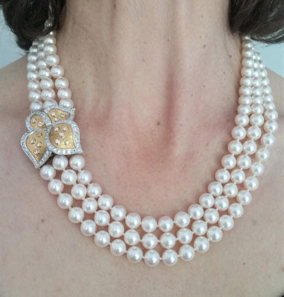 Bucherer Triple Row Akoya Pearl Necklace, 18ct Gold and Diamond Clasp