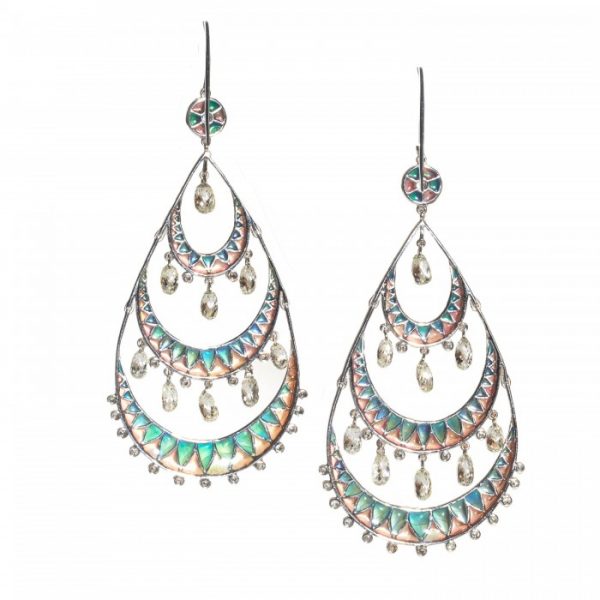 Plique a Jour Enamel and Briolette Diamond Drop Earrings in Platinum