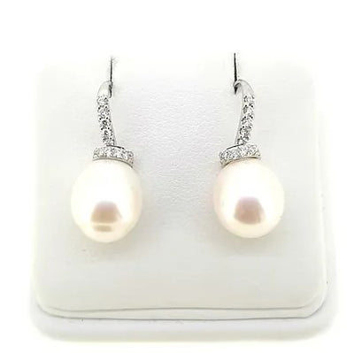 Oval Freshwater Pearl and Diamond Drop Earrings