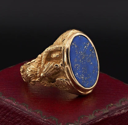 Vintage Retro Lapis Lazuli and Sculptured Gold Gents Signet Dress Ring