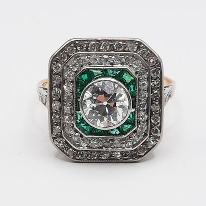 Old European Cut Diamond and Emerald Double Halo Target Ring