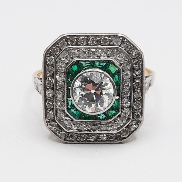 Old European Cut Diamond and Emerald Double Halo Target Ring