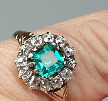 Antique Victorian Emerald and Old Cut Diamond Cluster Ring