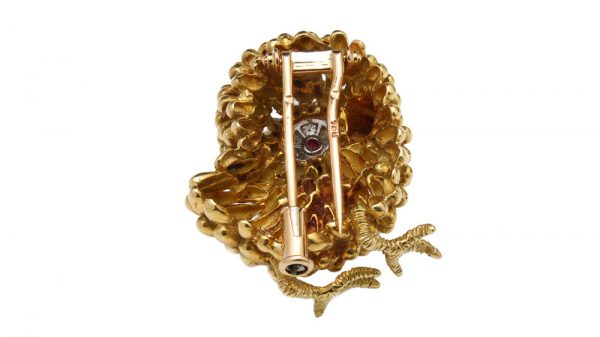 Vintage French 18ct Yellow Gold Bird Brooch; unique textured feather design, set with ruby and diamonds for the eye. Circa 1940s-1950s