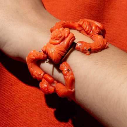 Georgian Antique Italian Carved Coral Link Bracelet, Circa 1840-1860