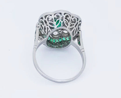 Vintage Emerald and Diamond Floral Cluster Dress Ring, in platinum