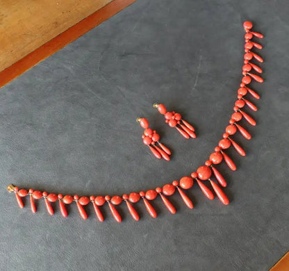 Antique Coral Fringe Necklace and Earrings Suite