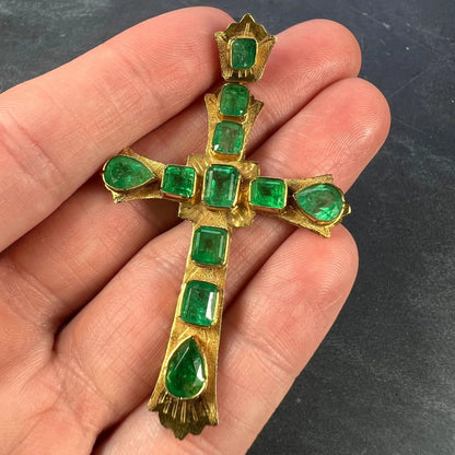 Large Italian 5.01ct Emerald and 18ct Yellow Gold Cross Pendant