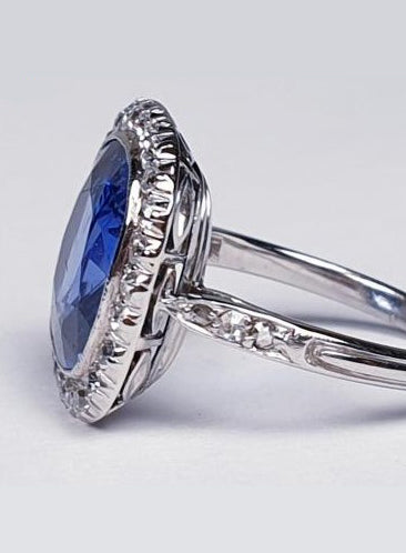 5ct Natural Ceylon Sapphire and Old Cut Diamond Cluster Ring