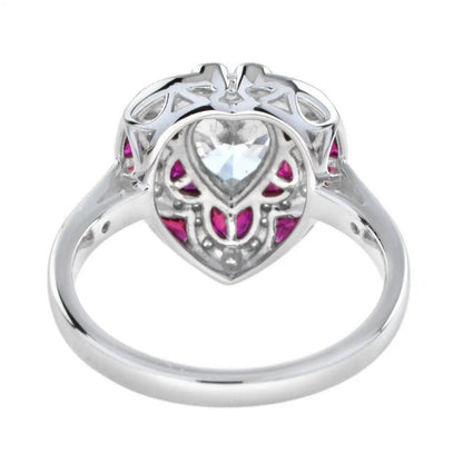 GIA Certified 1.05ct Pear Diamond and Ruby Heart Cluster Ring
