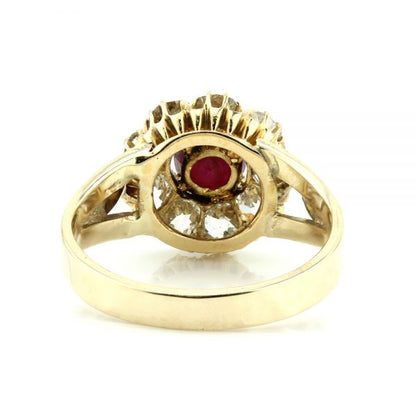 Antique Ruby and Old Cut Diamond Cluster Ring, R0.75ct D1.35ct, in 18ct yellow gold with delicate leaf detailing to split shoulders