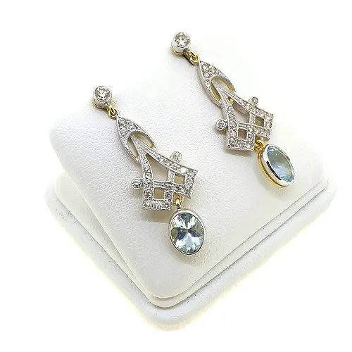 Decorative Pair of 2.10ct Aquamarine and Diamond Long Drop Earrings